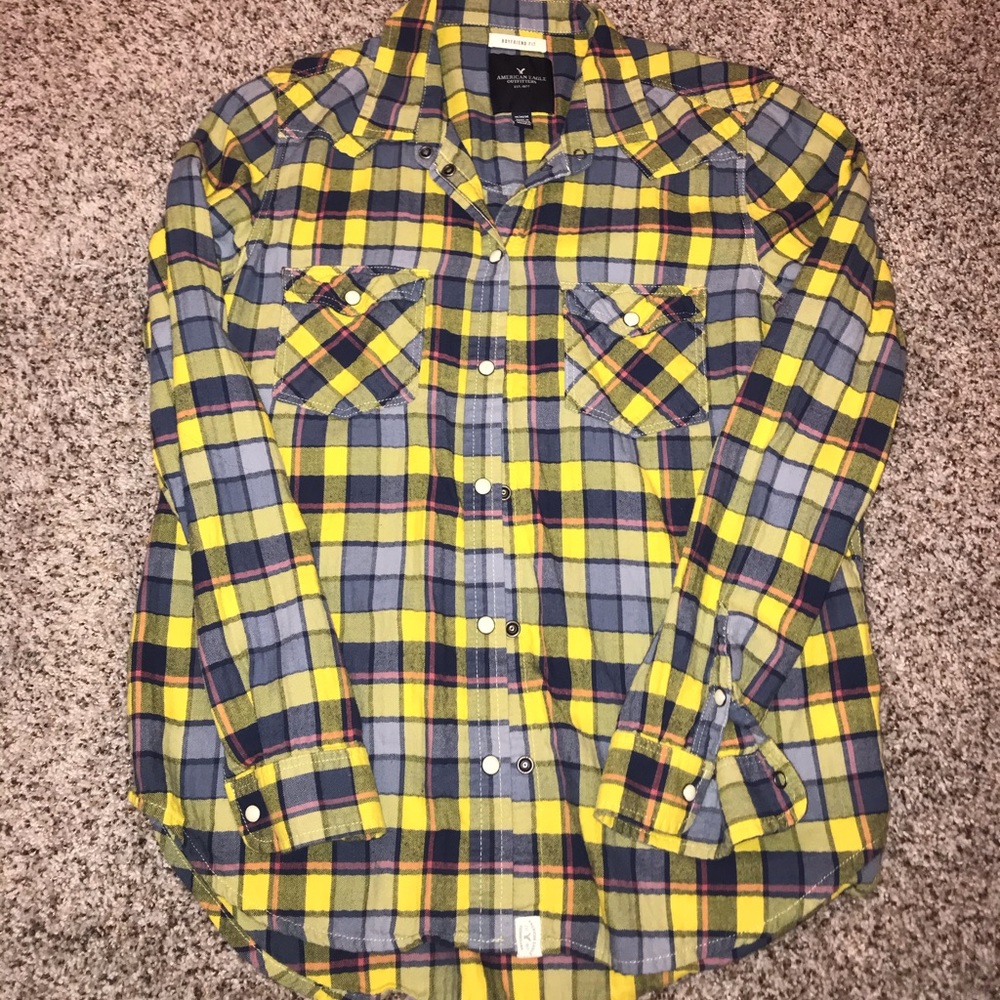 American Eagle AE Plaid Snap Button Down Up Shirt Medium Yellow